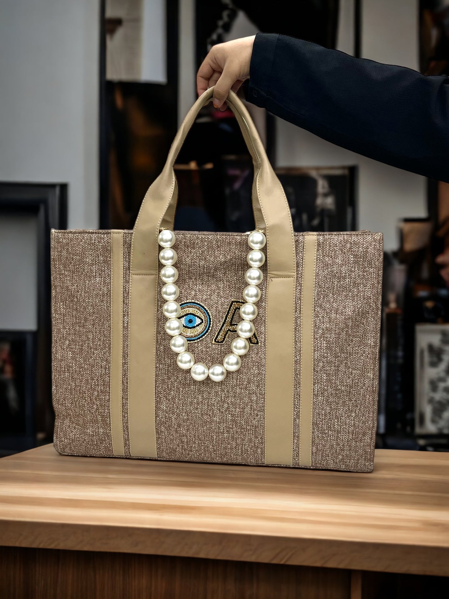 Beige Canva Personalized Pearl Tote