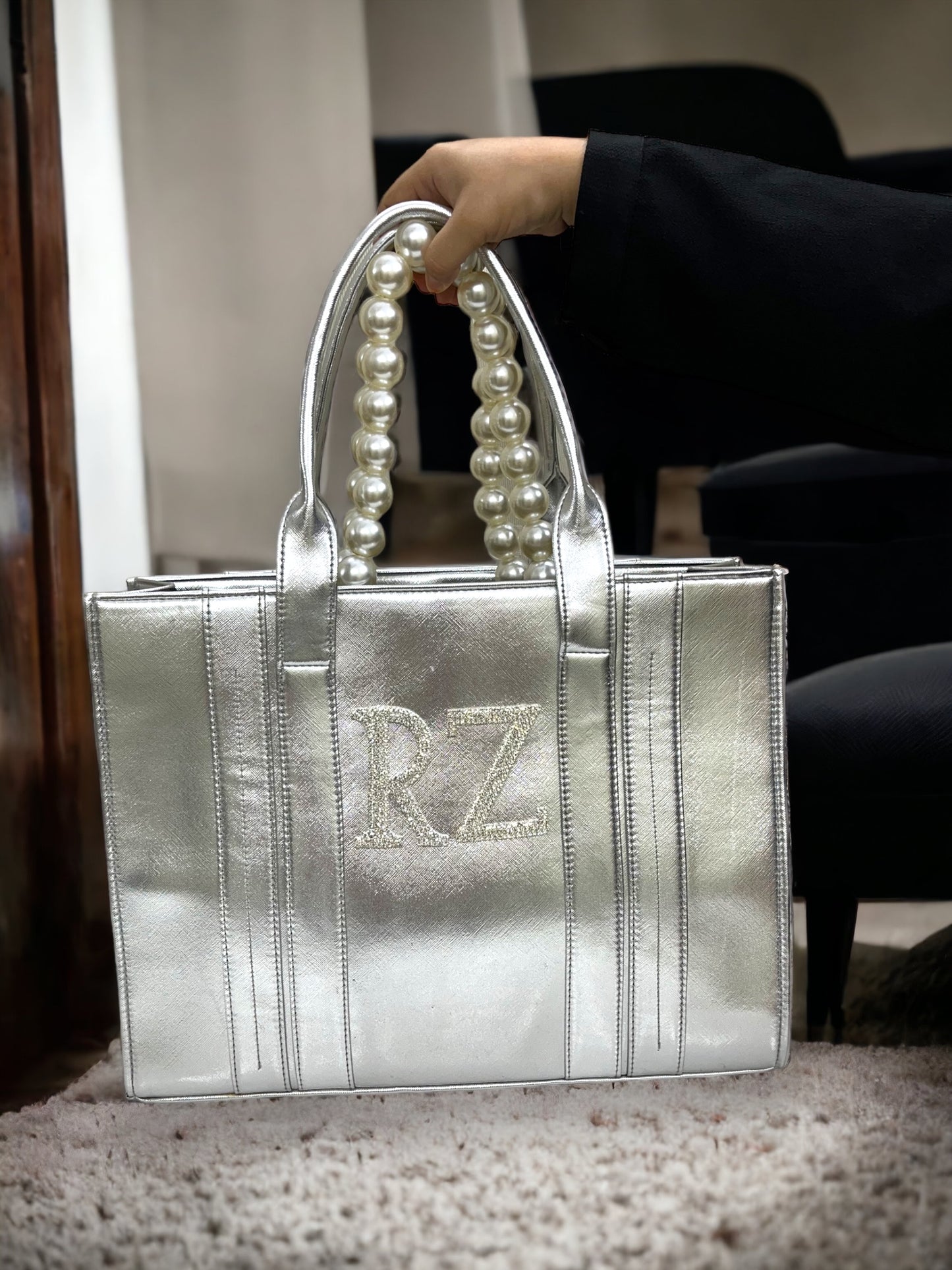 Silvery Leather Personalized Pearl Tote
