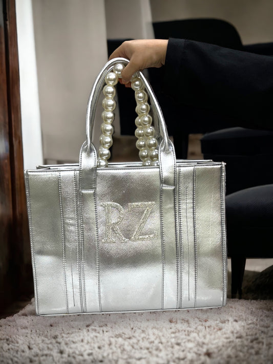 Silvery Leather Personalized Pearl Tote