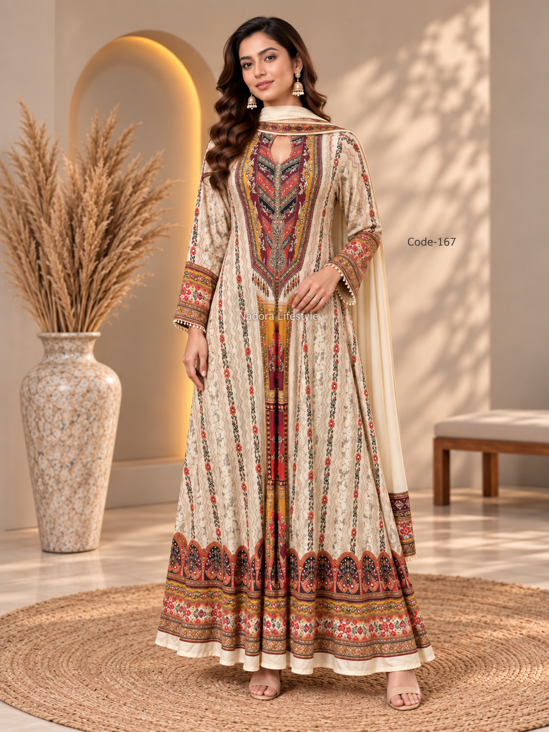 Code-167, Digital Printed Crepe Gown with Handwork & Chinon Dupatta