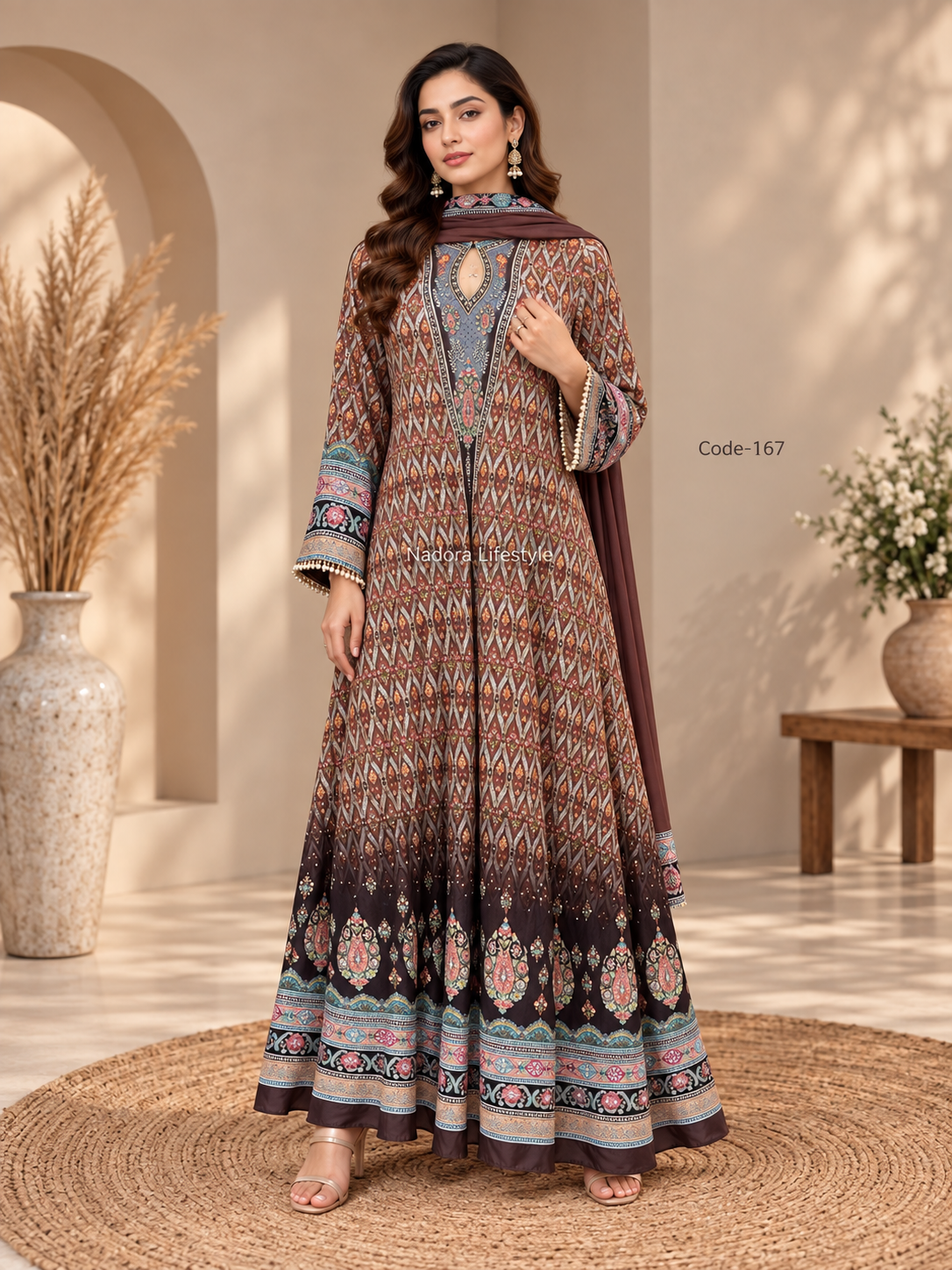 Code-167, Digital Printed Crepe Gown with Handwork & Chinon Dupatta