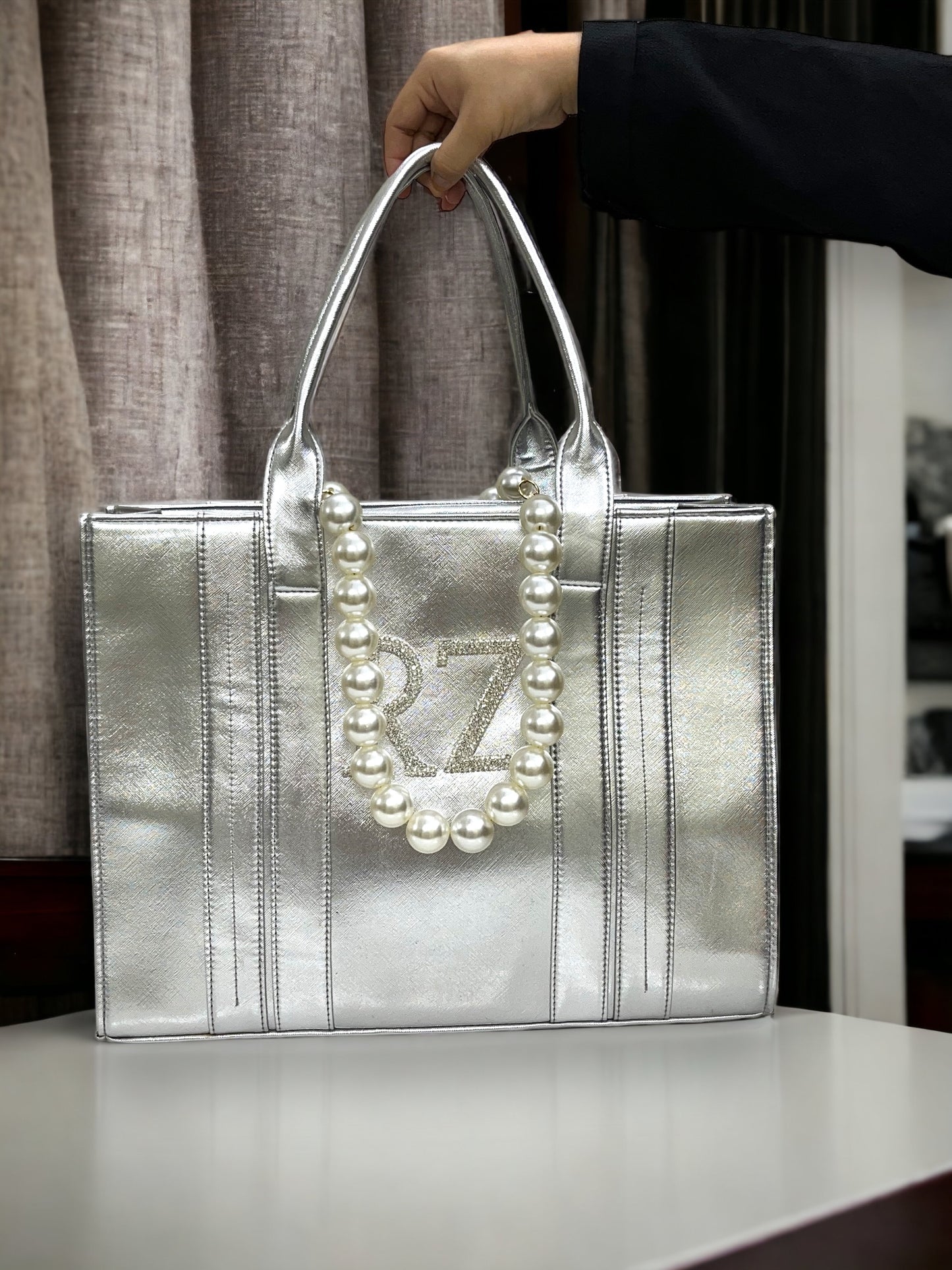 Silvery Leather Personalized Pearl Tote