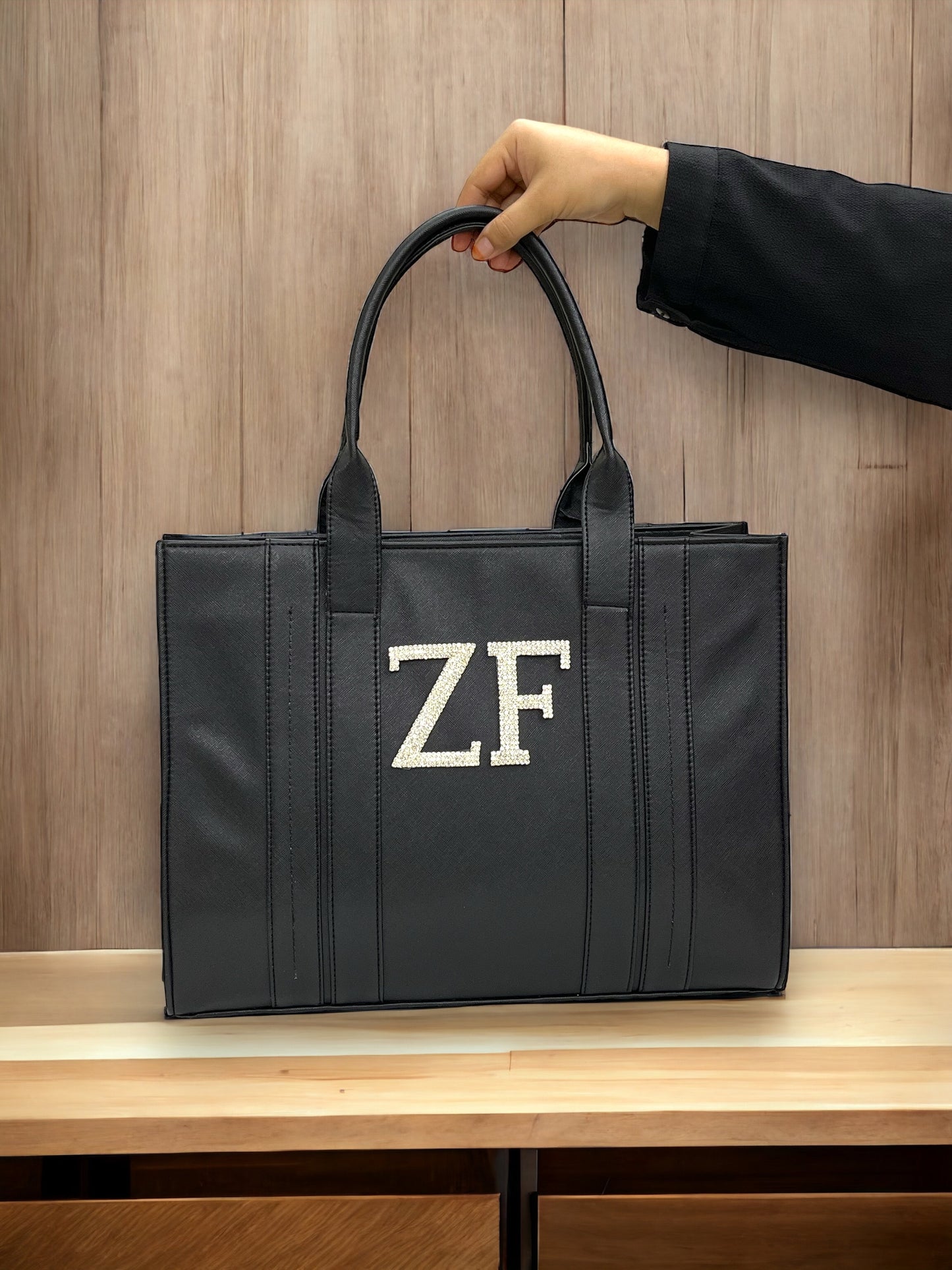 Black Leather Personalized Pearl Tote