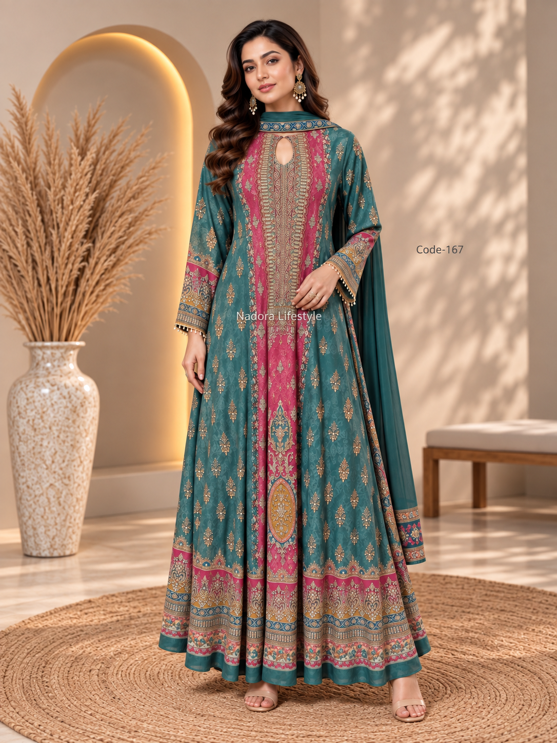 Code-167, Digital Printed Crepe Gown with Handwork & Chinon Dupatta