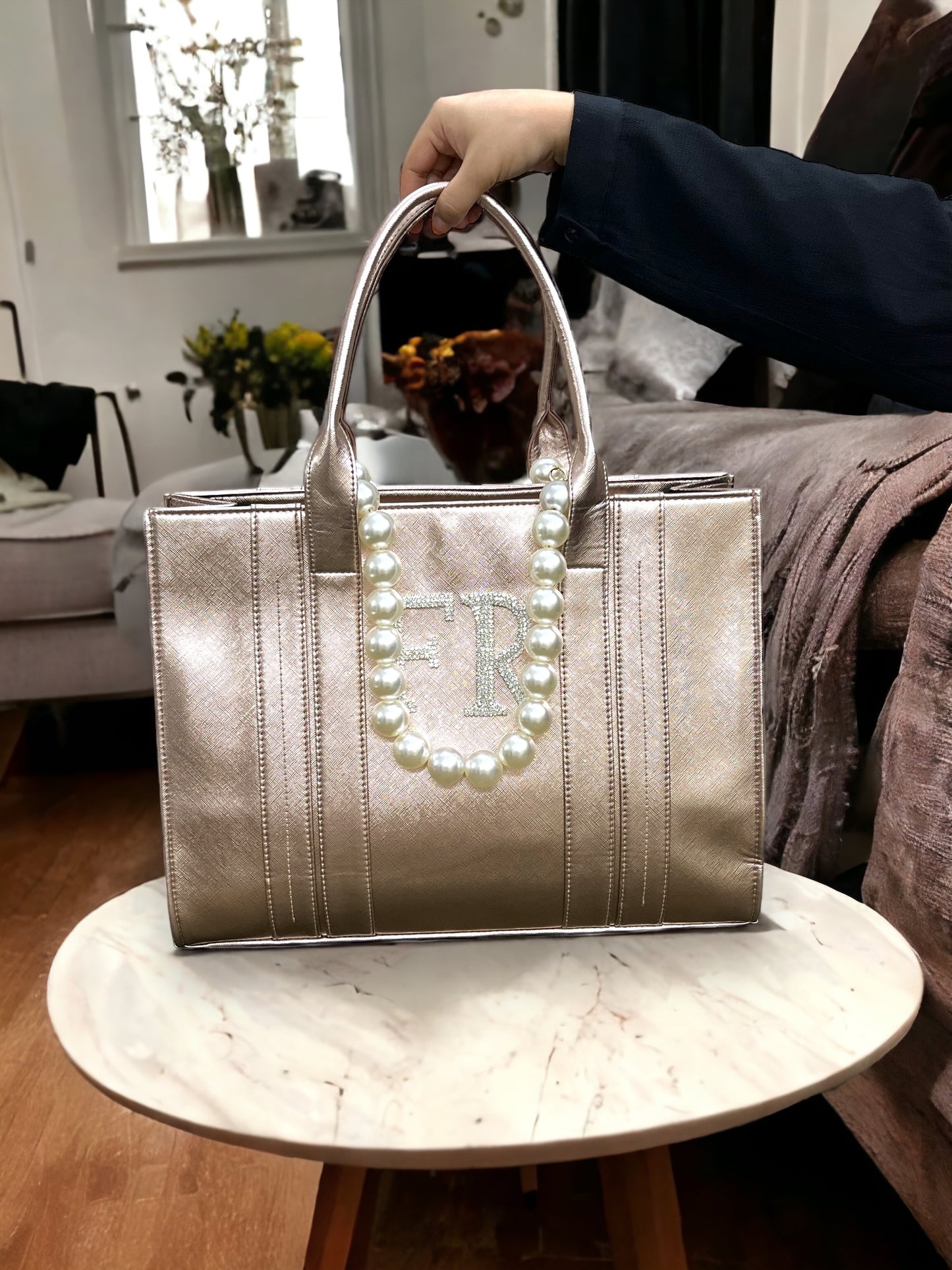Rose Gold Leather Personalized Pearl Tote