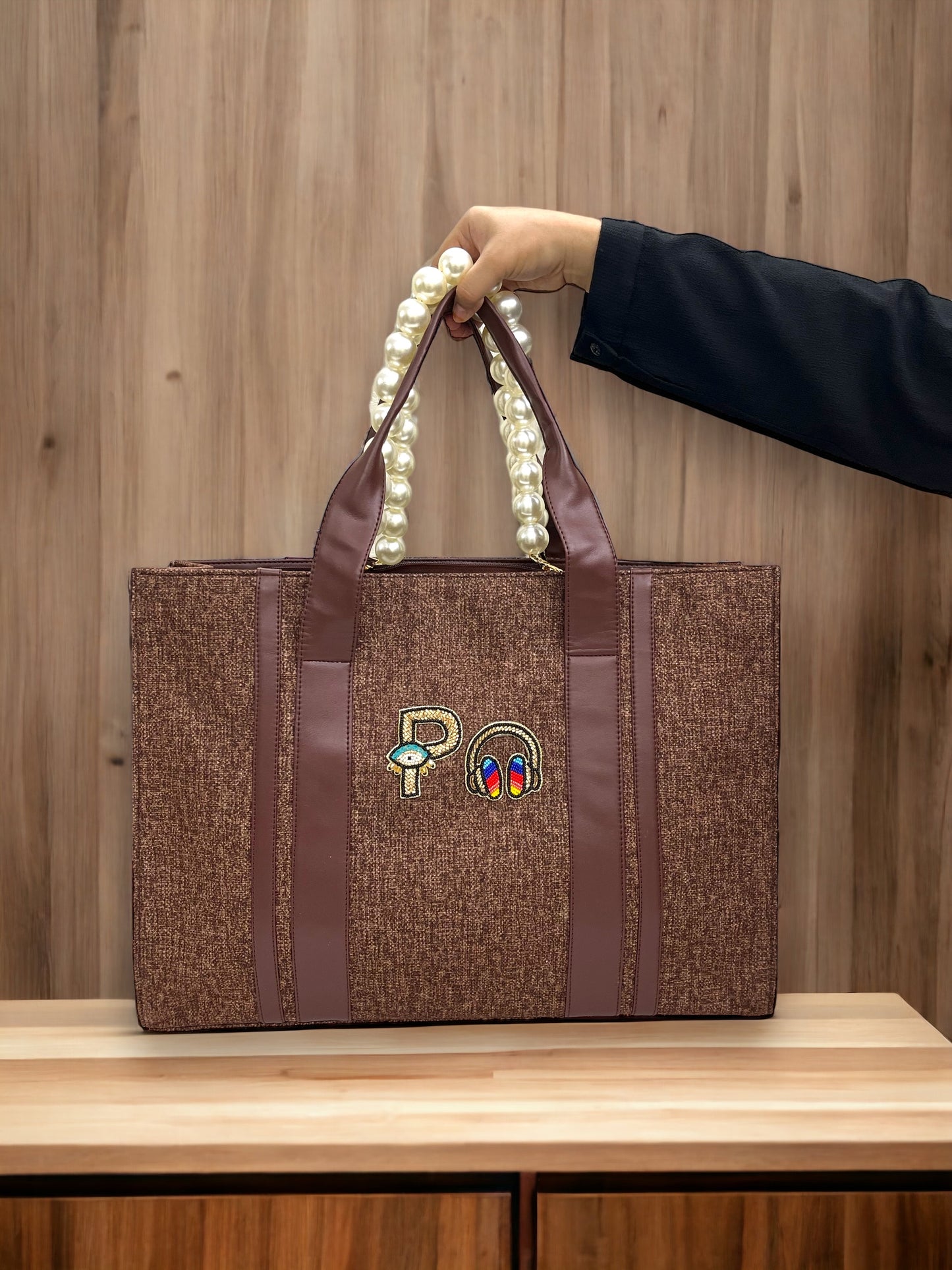 Brown Canva Personalized Pearl Tote