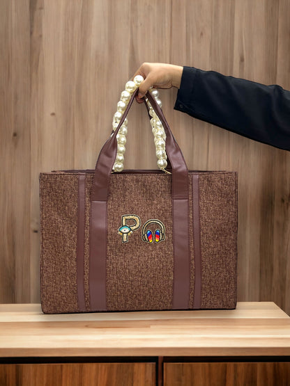 Brown Canva Personalized Pearl Tote