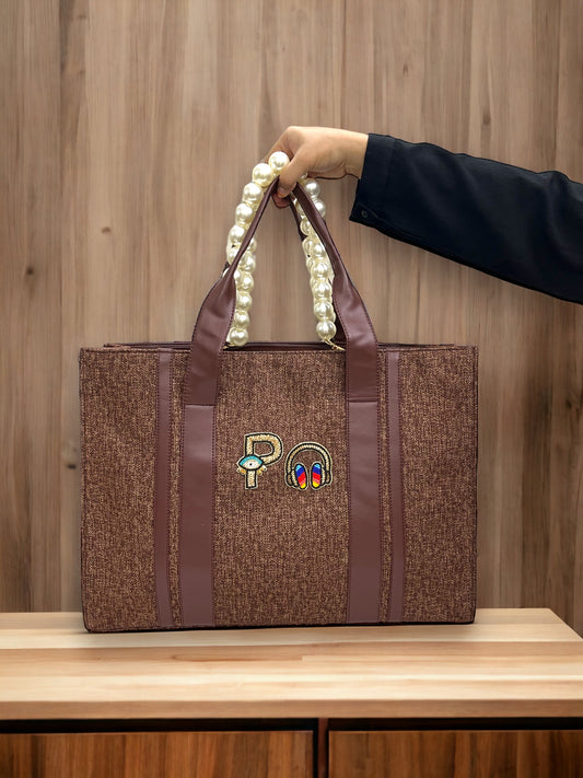 Brown Canva Personalized Pearl Tote