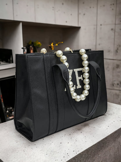 Black Leather Personalized Pearl Tote
