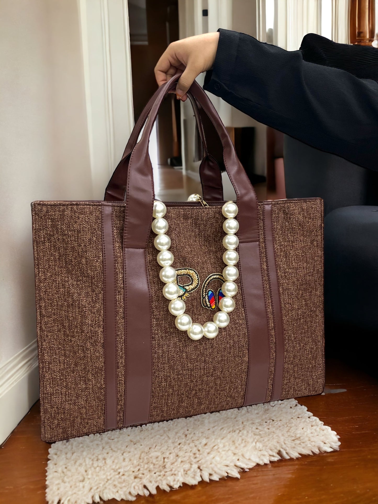 Brown Canva Personalized Pearl Tote