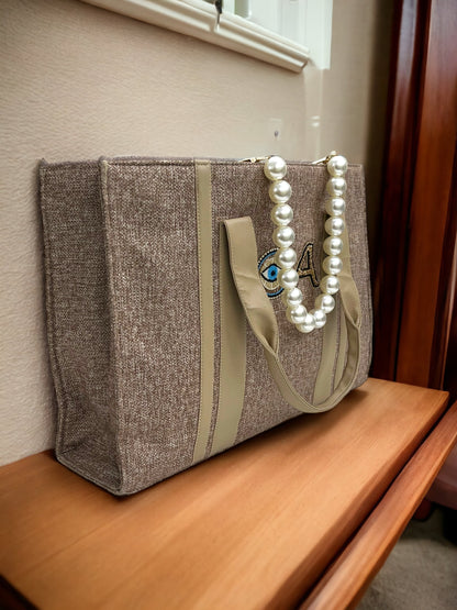 Beige Canva Personalized Pearl Tote