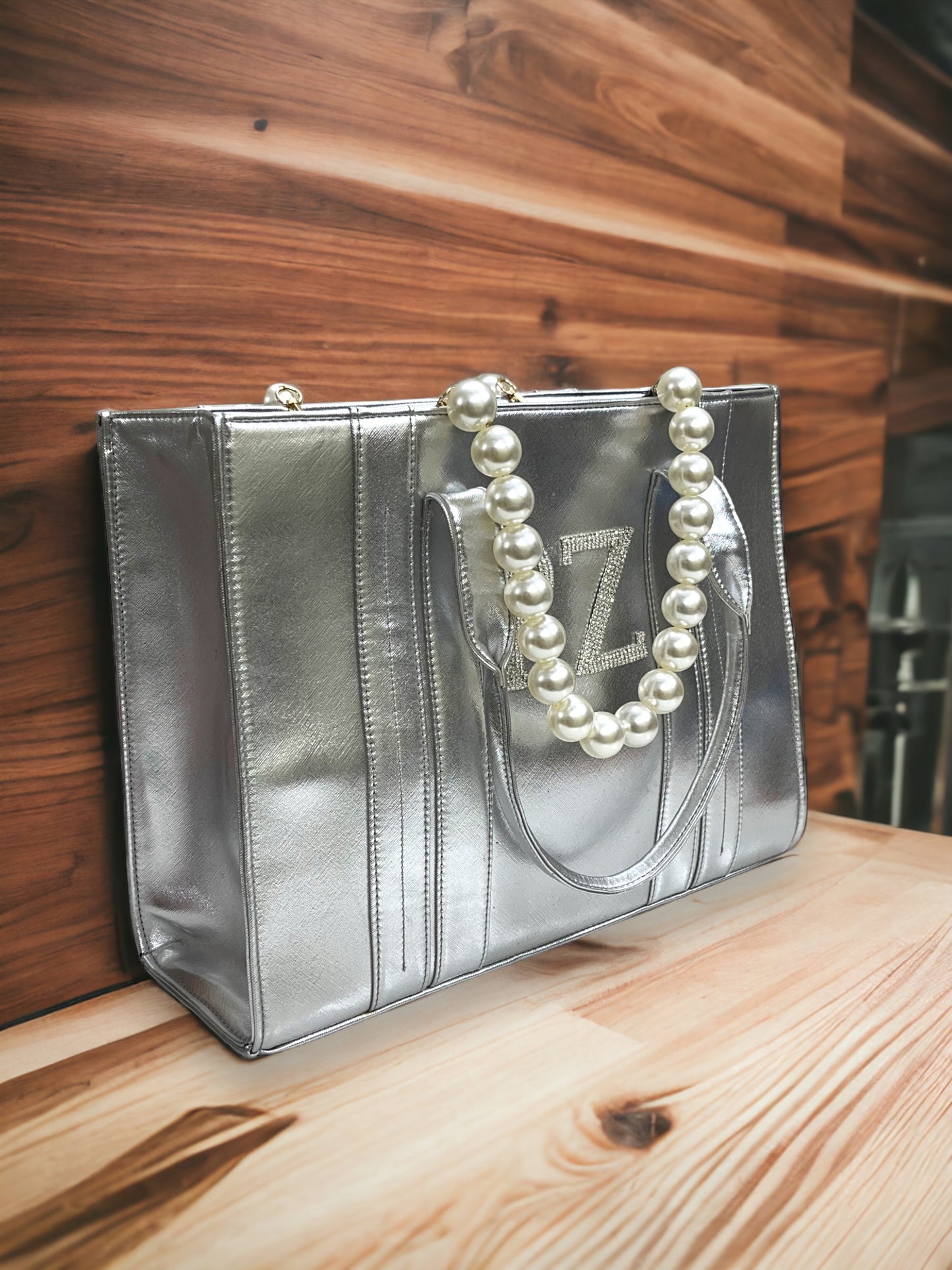 Silvery Leather Personalized Pearl Tote