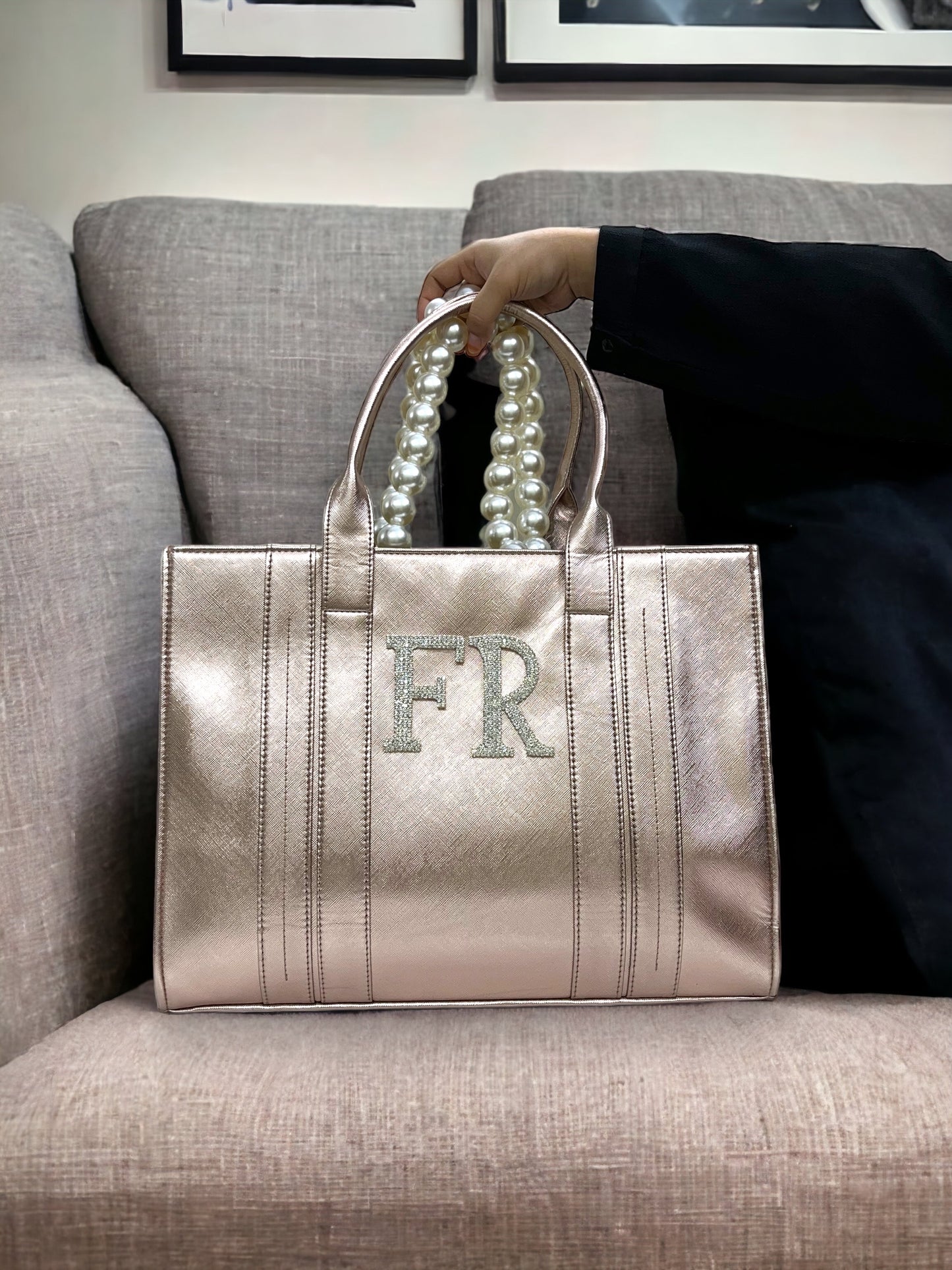Rose Gold Leather Personalized Pearl Tote