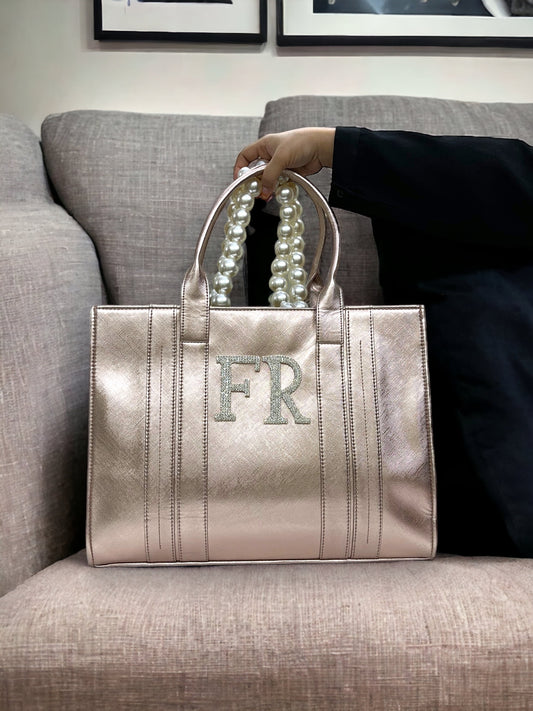 Rose Gold Leather Personalized Pearl Tote