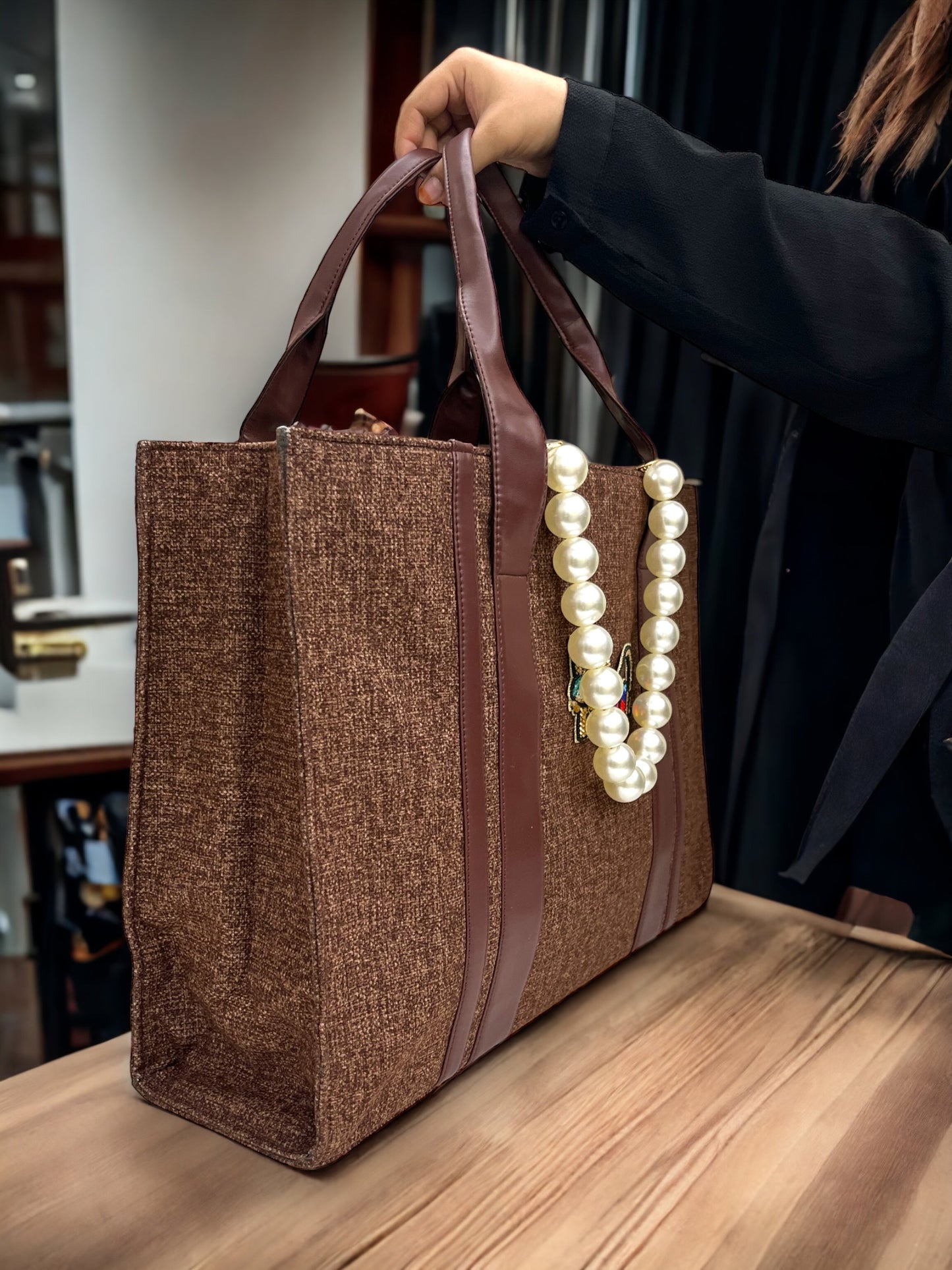 Brown Canva Personalized Pearl Tote