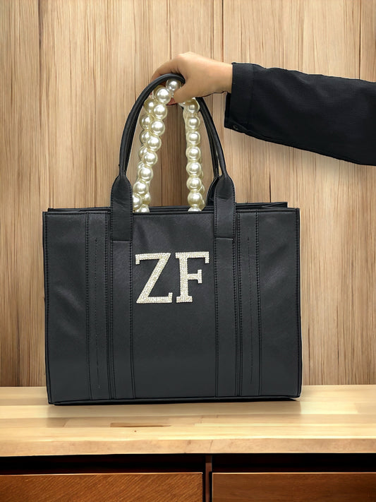 Black Leather Personalized Pearl Tote