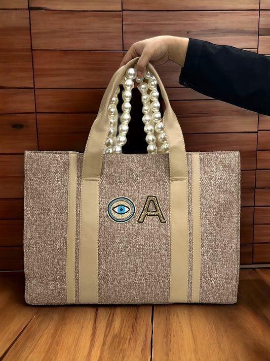 Beige Canva Personalized Pearl Tote