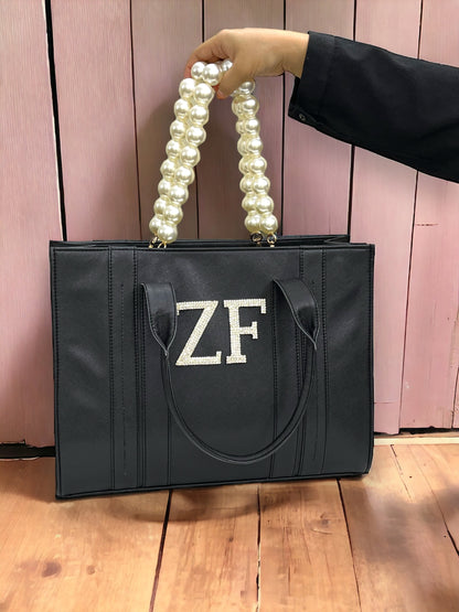 Black Leather Personalized Pearl Tote