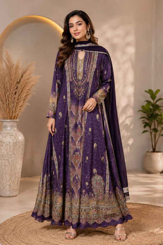 Crepe Designer Purple Gown