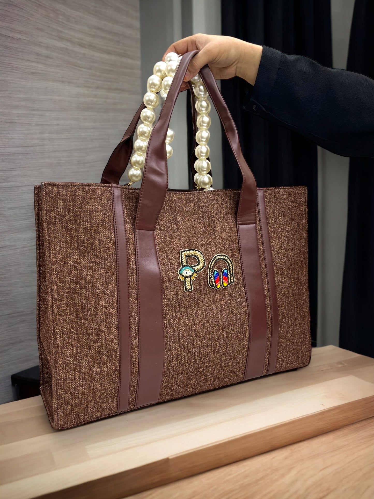 Brown Canva Personalized Pearl Tote