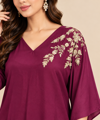 Code-151, Deep Wine Crepe Designer Farshi Cord