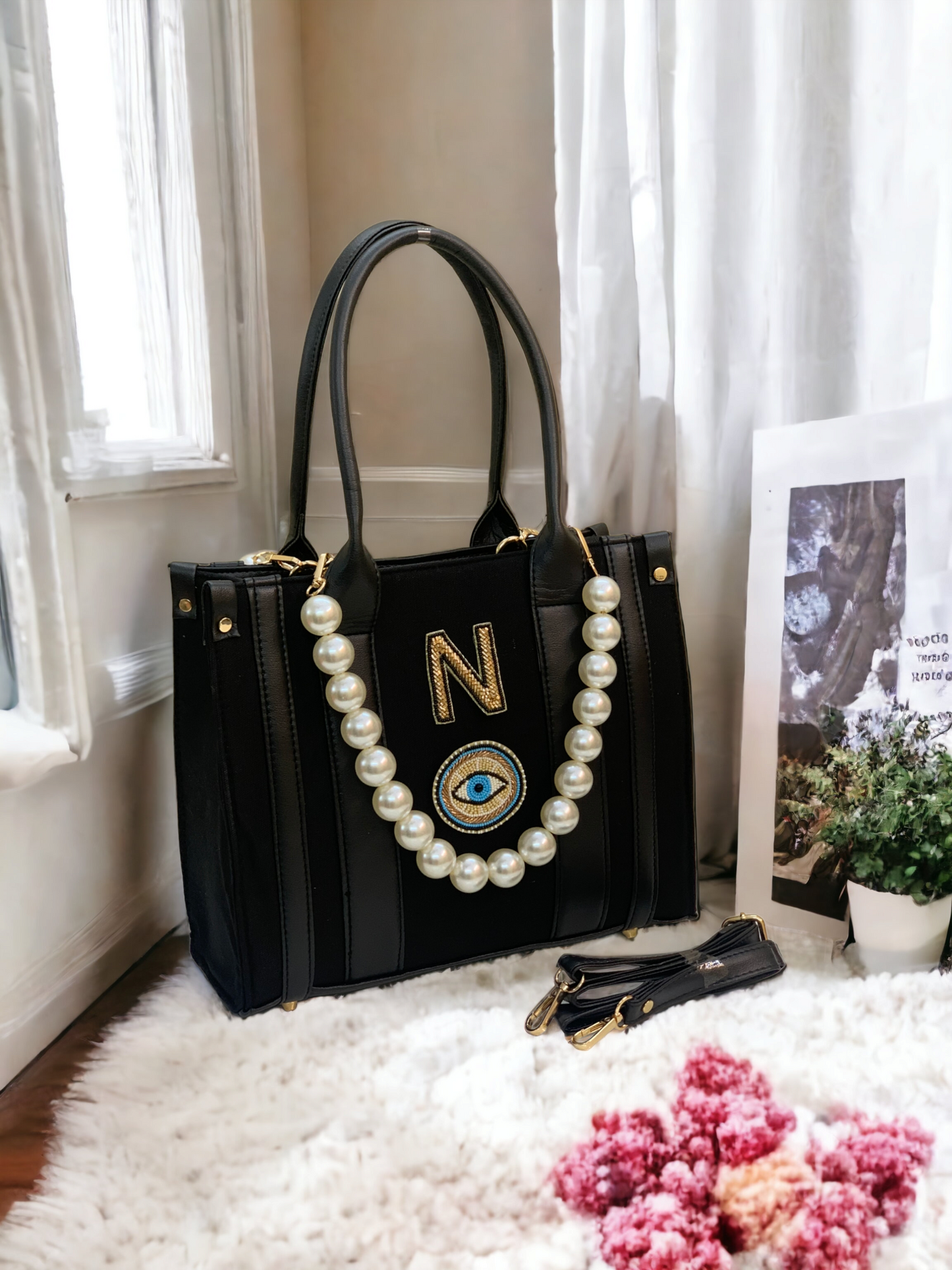 PERSONALIZED BLACK CANVAS PEARL BAG