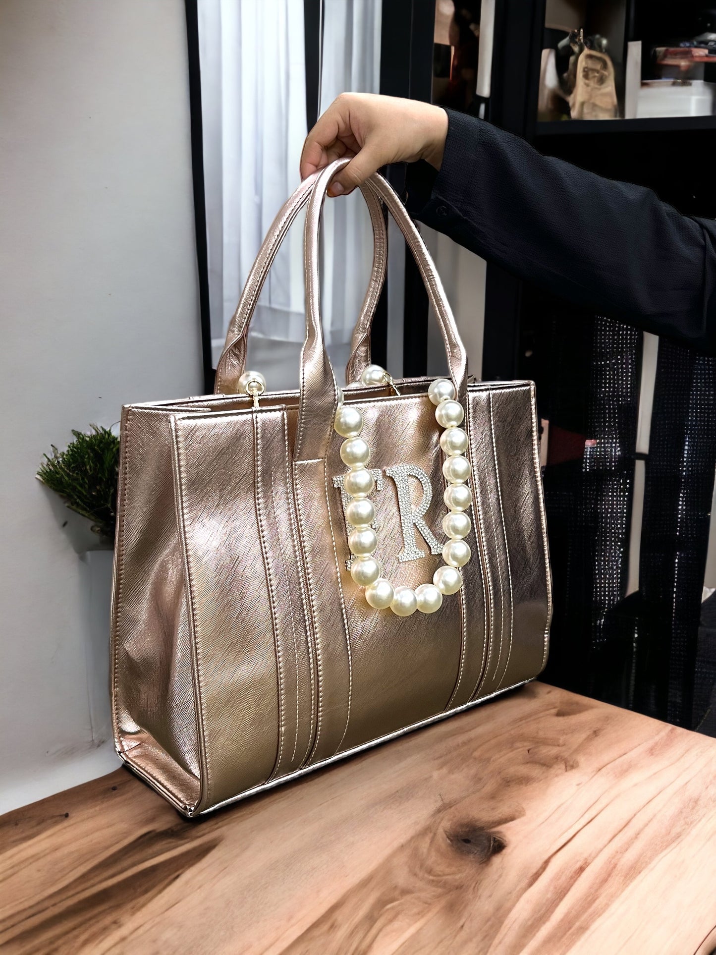 Rose Gold Leather Personalized Pearl Tote