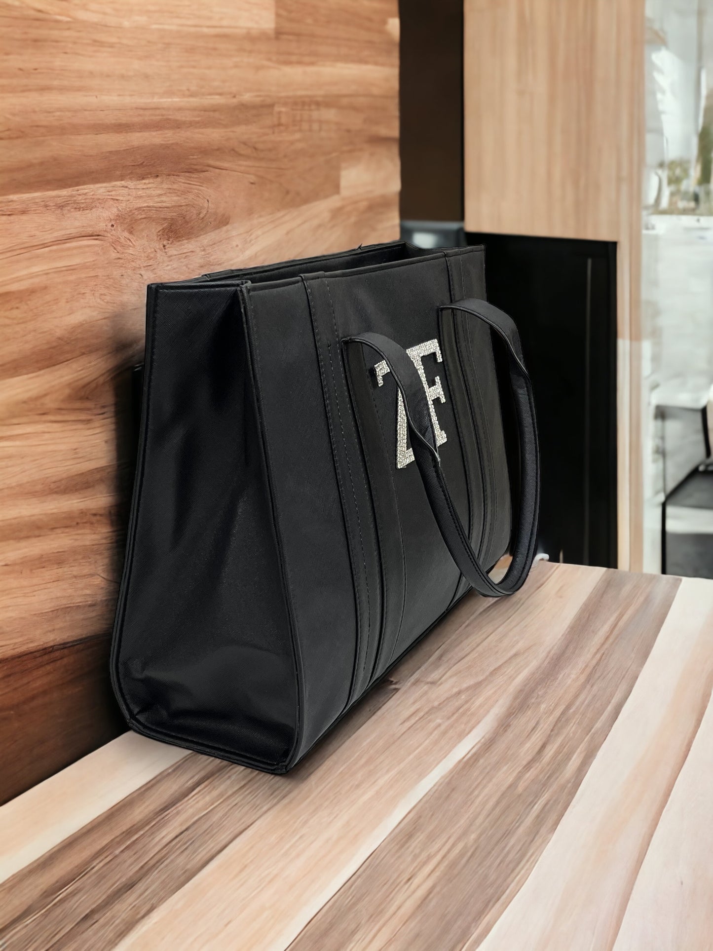 Black Leather Personalized Pearl Tote