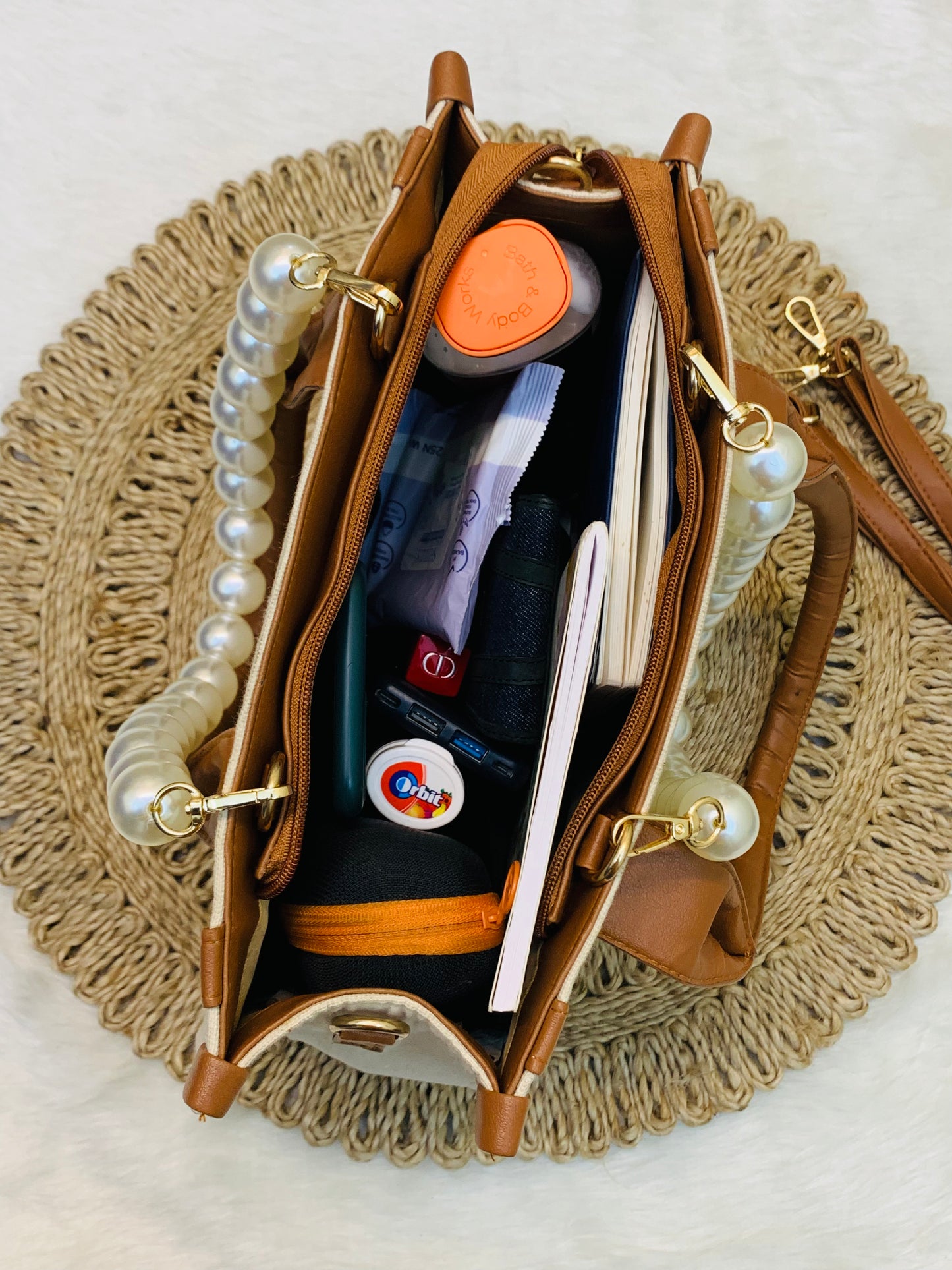 PERSONALIZED BEIGE TAN CANVAS PEARL BAG