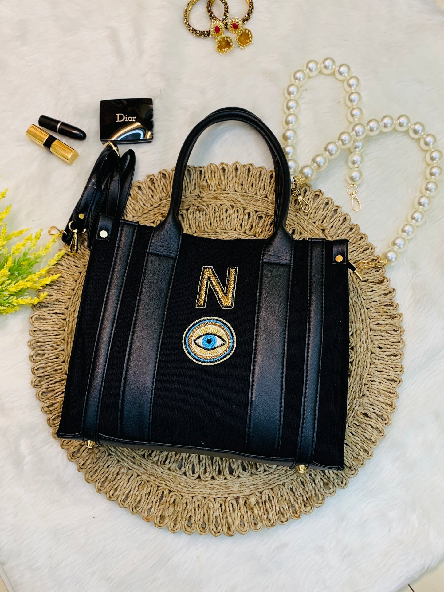 PERSONALIZED BLACK CANVAS PEARL BAG