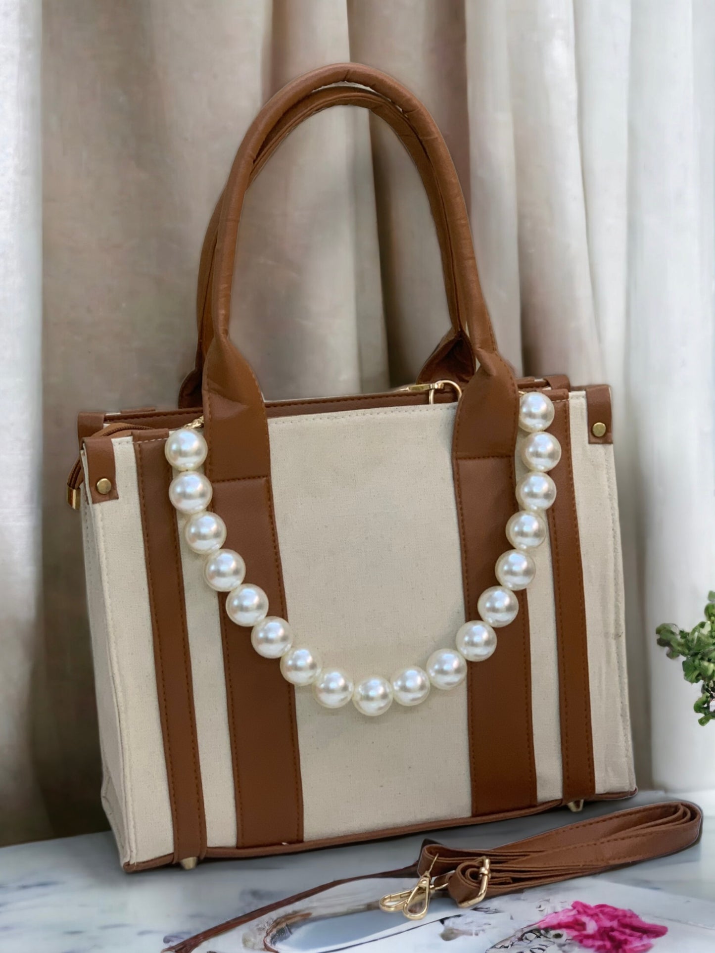 PERSONALIZED BEIGE TAN CANVAS PEARL BAG