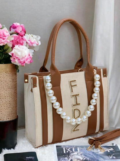 PERSONALIZED BEIGE TAN CANVAS PEARL BAG