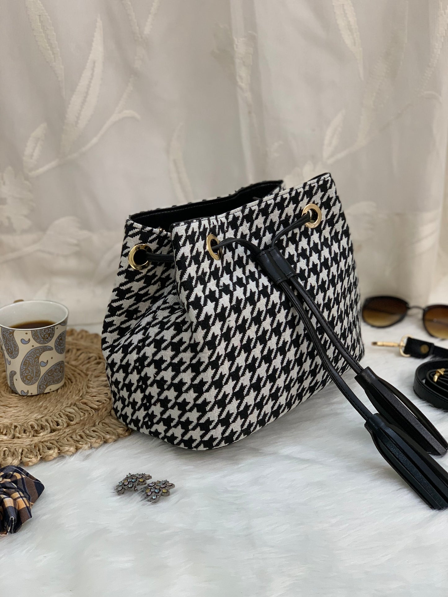 Houndstooth Bucket Bag