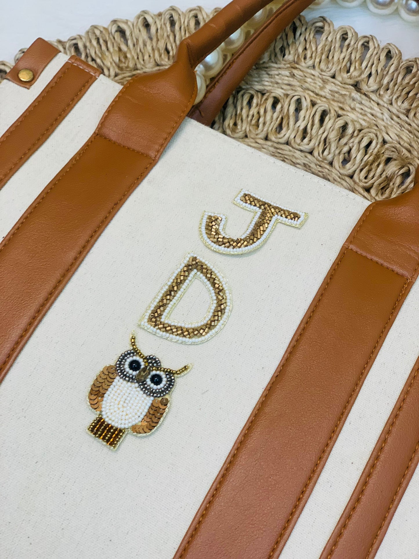 PERSONALIZED BEIGE TAN CANVAS PEARL BAG