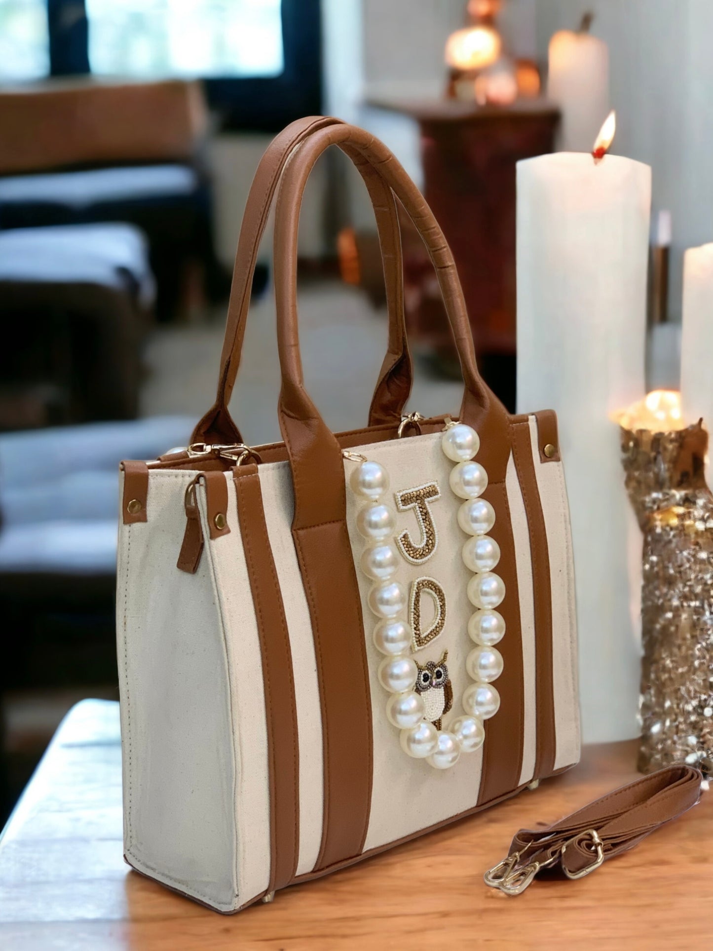 PERSONALIZED BEIGE TAN CANVAS PEARL BAG