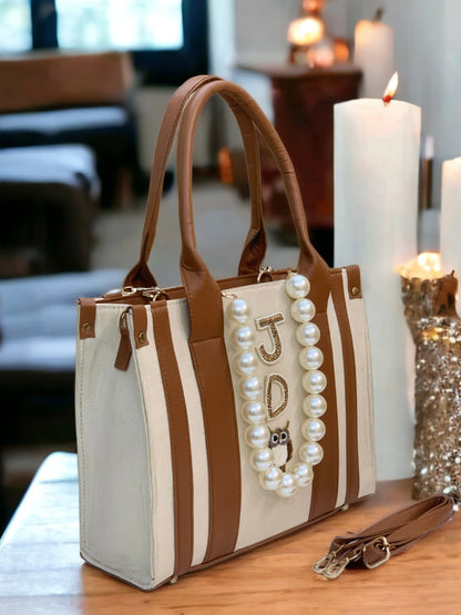 PERSONALIZED BEIGE TAN CANVAS PEARL BAG